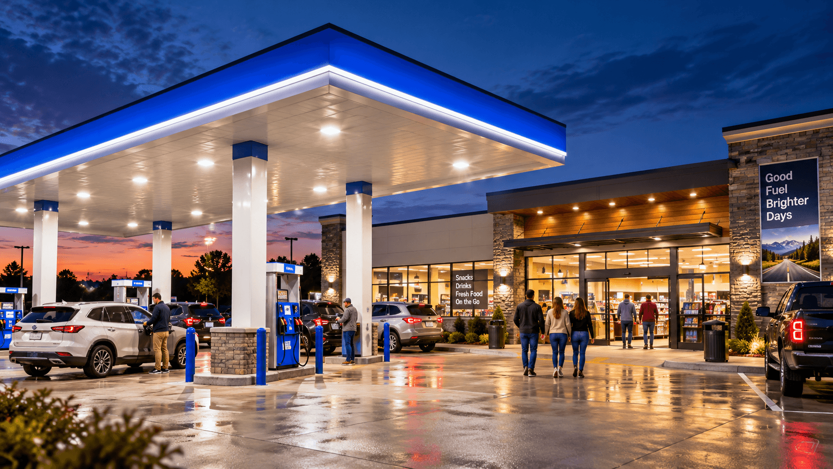 Modern gas station and convenience store with customers